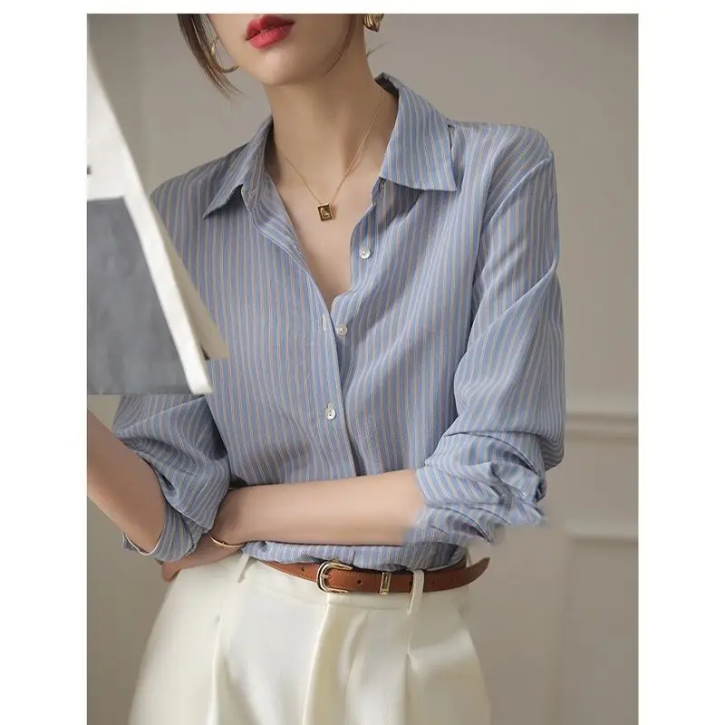 Korean Style Office Lady Blue Striped 2022 Spring Summer Fashion All-match Blouse Long Sleeve Turndown Collar Loose Casual Shirt