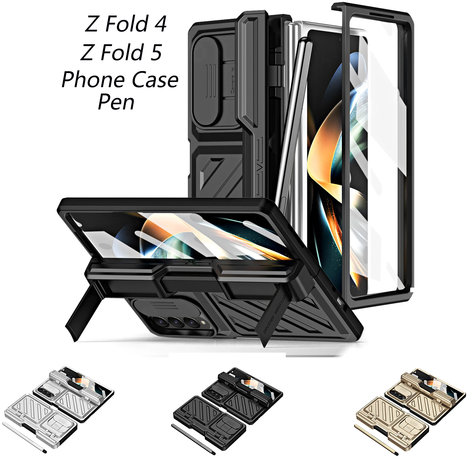 

Slim Shockproof Phone Case For Samsung Galaxy Z Fold 5 4 Holder Hinge Hard Cover Cases with screen protector Pen lens protection