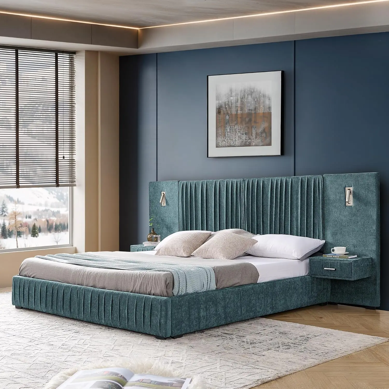 Platform Bed With Nightstands Headboard Adjustable Lighting No Box Spring Space-Saving Bedroom, Customized