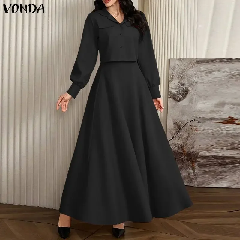 

VONDA женские элегантные комплекты платьев, однотонные рубашки с капюшоном и длинный сарафан без рукавов, модная уличная одежда, наряды из двух предметов