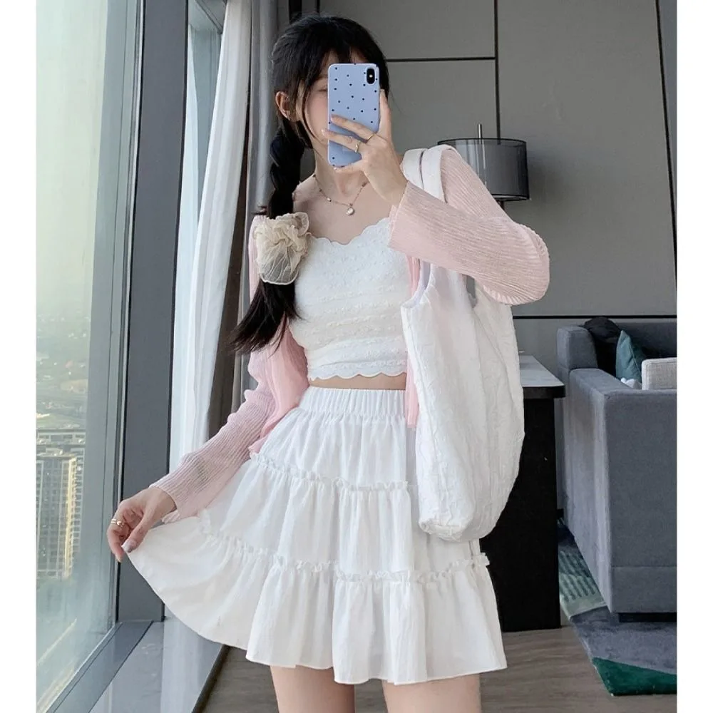 

High-waist Ballet Cake Skirt Cute Elastic Slim Fit Pleated Skirt Ruffle With Lining a-Line Skirt