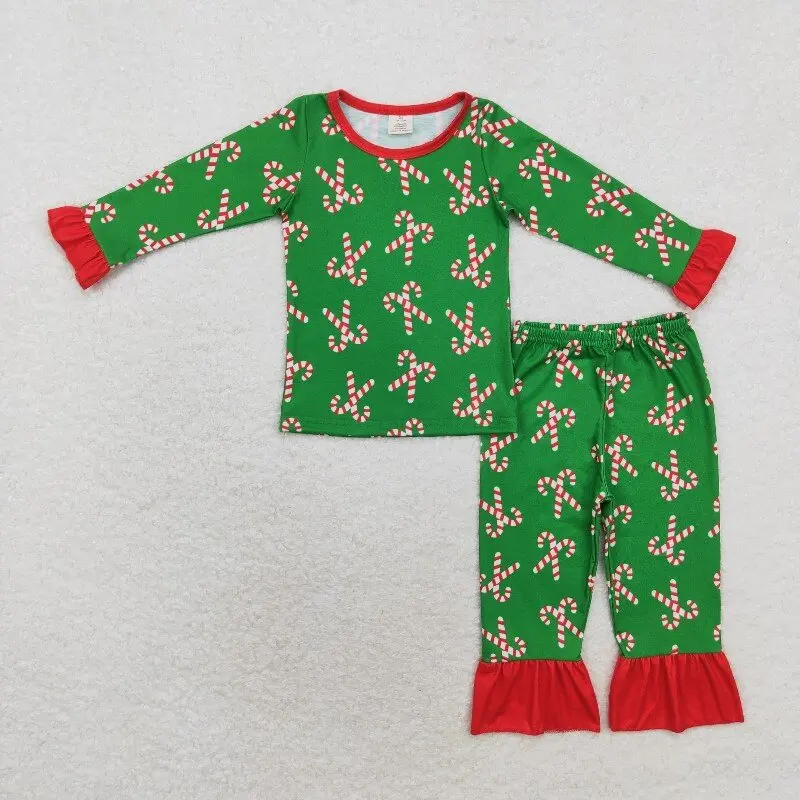 

9.11y Lace green long-sleeved trousers bamboo pajamas set Children's girls clothing wholesale Santa Claus cane red