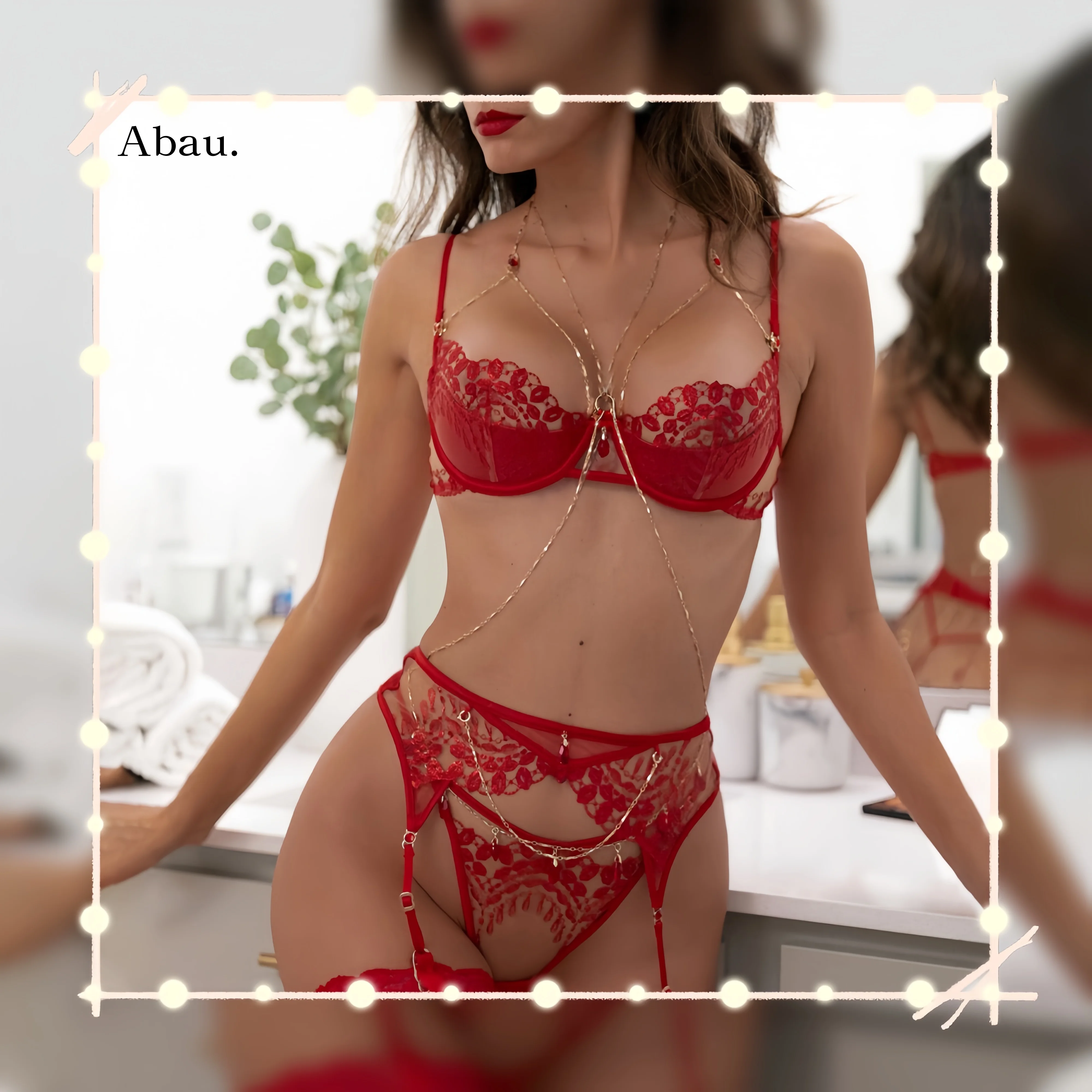 

Valentine's Day Lingerie Sexy Lingerie Set Chain Delicate Embroidery Lace Mesh Sheer Lingerie Fancy Intimate Totally Erotic