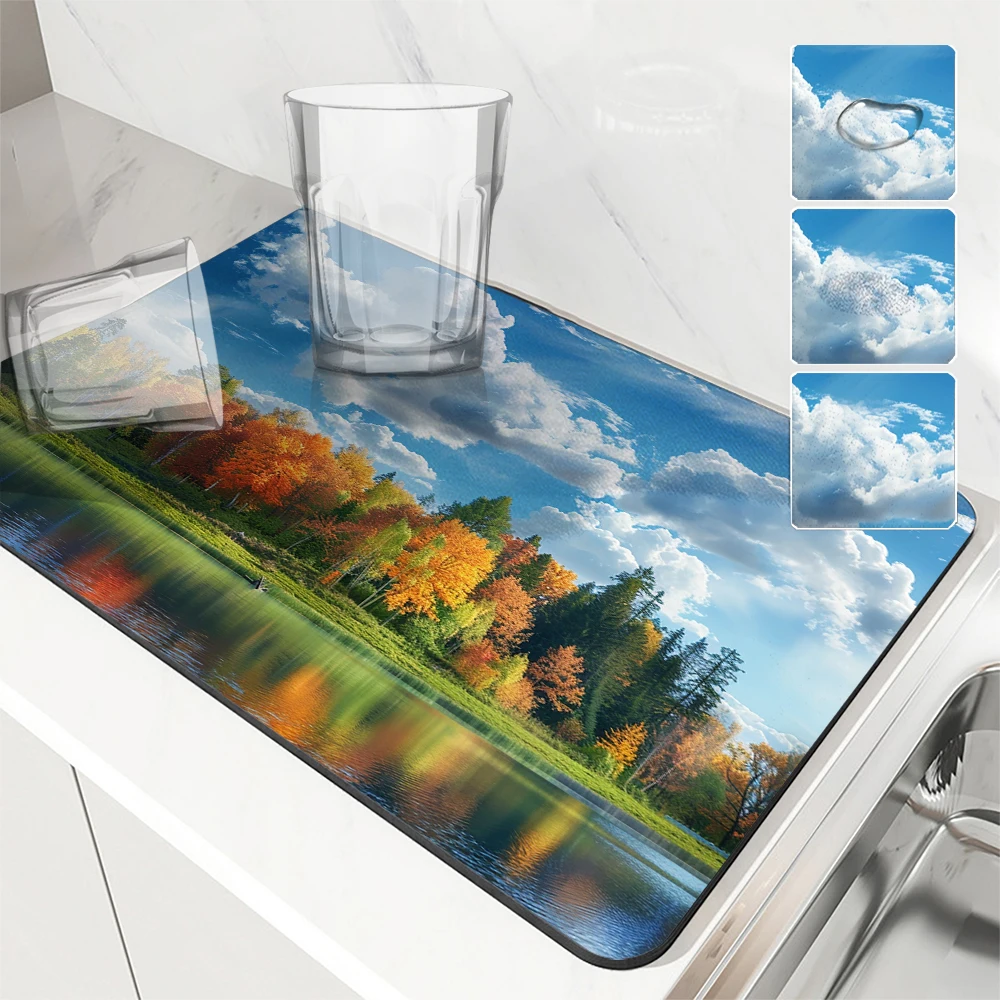 Kitchen Absorbent Drying Mat Forest Trees Lake Water Sky Kitchen Table Decoration & Accessories Color Pattern Tables Mats