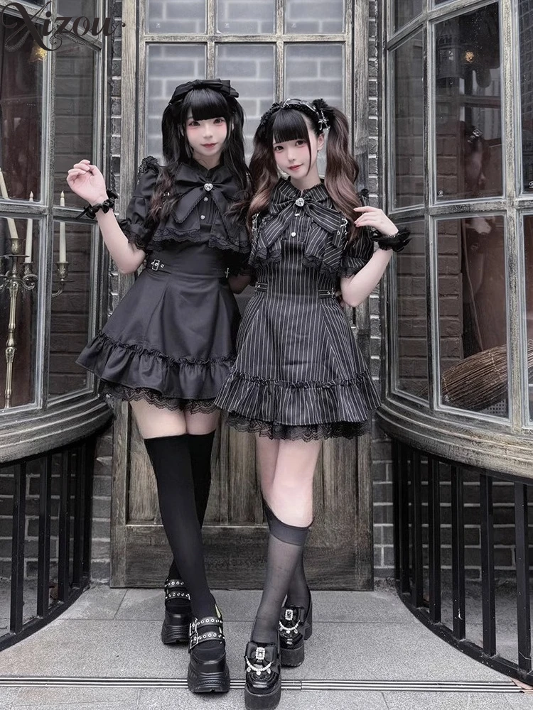 

2025 Y2K Mine, комплект из 2 предметов, кружевное платье с короткими рукавами, короткий кавайный бант, готический полосатый наряд, летняя милая девушка, Лолита, косплей