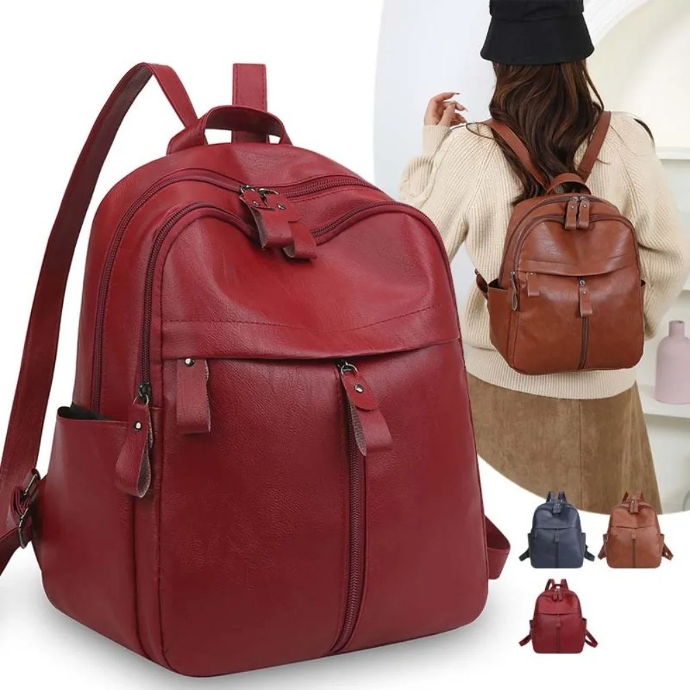 

Elegant Soft PU Backpack Korean Style Solid Color Large Capacity School Bag Anti-Splash Water Multi Pocket Casual Mom Daypack