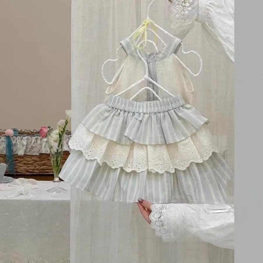

Girl Lolita vest set summer 2026 children's hanging neck top t-shirt+flower bud half skirt two-piece set