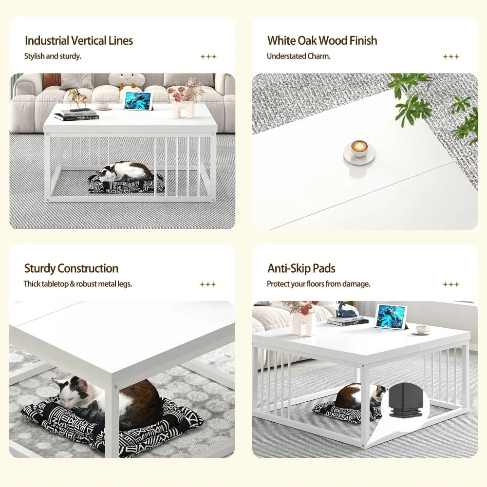 طاولة قهوة بيضاء، طاولة مركزية حديثة من الخشب والمعدن الريفي، طاولة شاي كوكتيل صناعية بسيطة لغرفة المعيشة، 31.5 بوصة #5