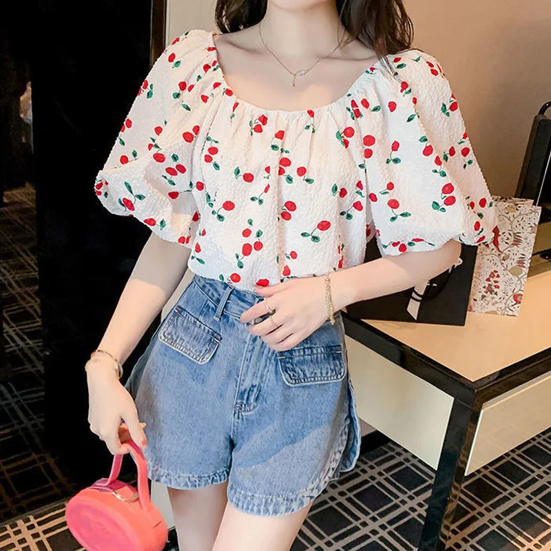 Sexy Floral Loose Short Blouse Summer New Fashion Printing Youth All-match Thin Korean Shirt Tops Elegant Sweet Women Clothing