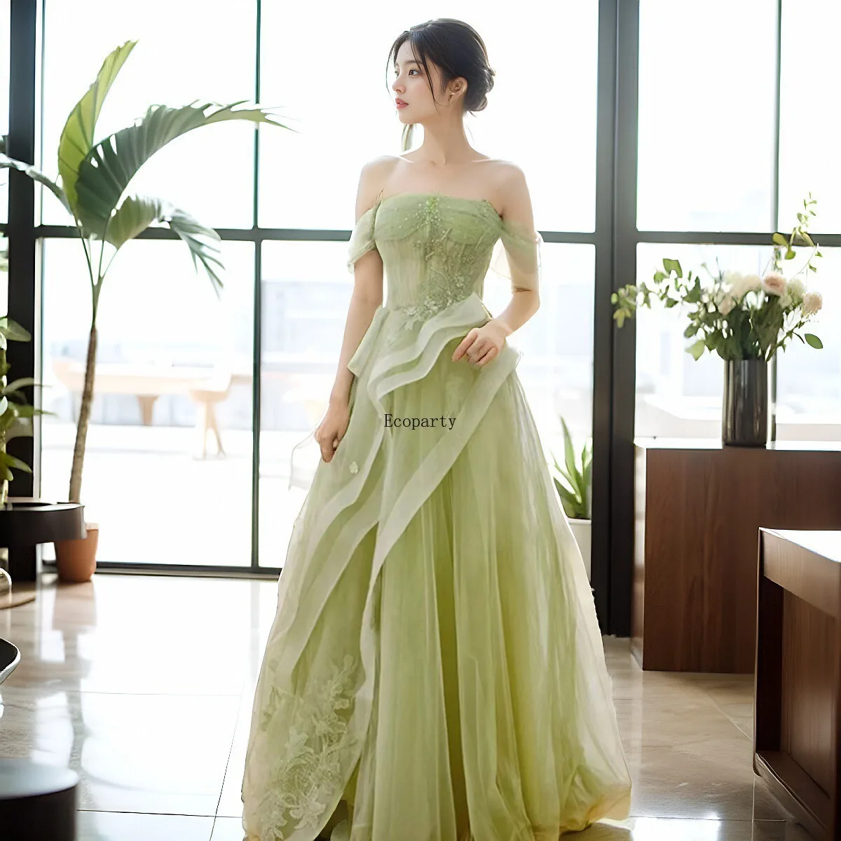 Green Prom Dress Appliques Tulle Celebrity Dresses Tiered Pleat Women's Evening Dress Sweetheart Formal Gown 프롬 드레스 Vestidos