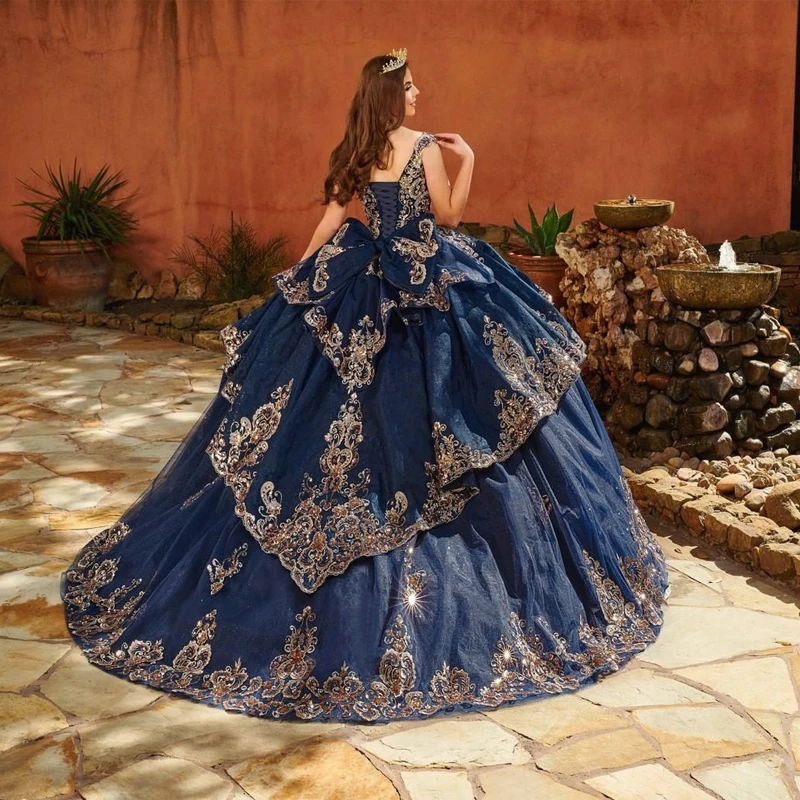 فستان Quinceanera مخصص من EVLAST بأكمام قصيرة مزين بالزهور من الدانتيل الذهبي والكريستال فستان الأميرة الرسمي Vestido De 15 Años TQD021