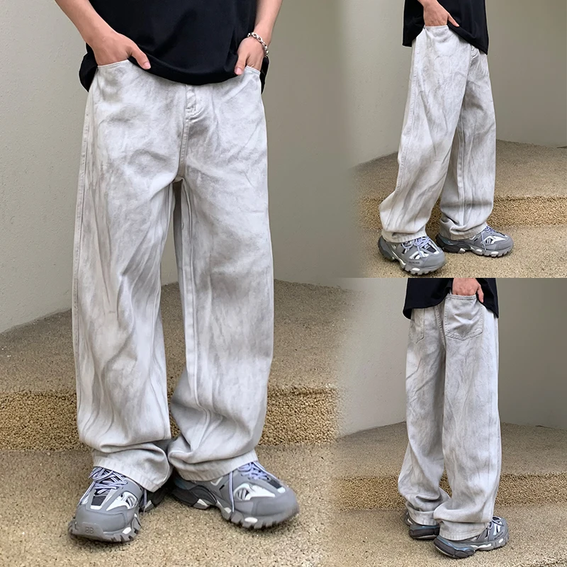 

Retro dirty design jeans men's loose fitting trendy and fashionable Y2K high street hip-hop American straight leg wide leg pants