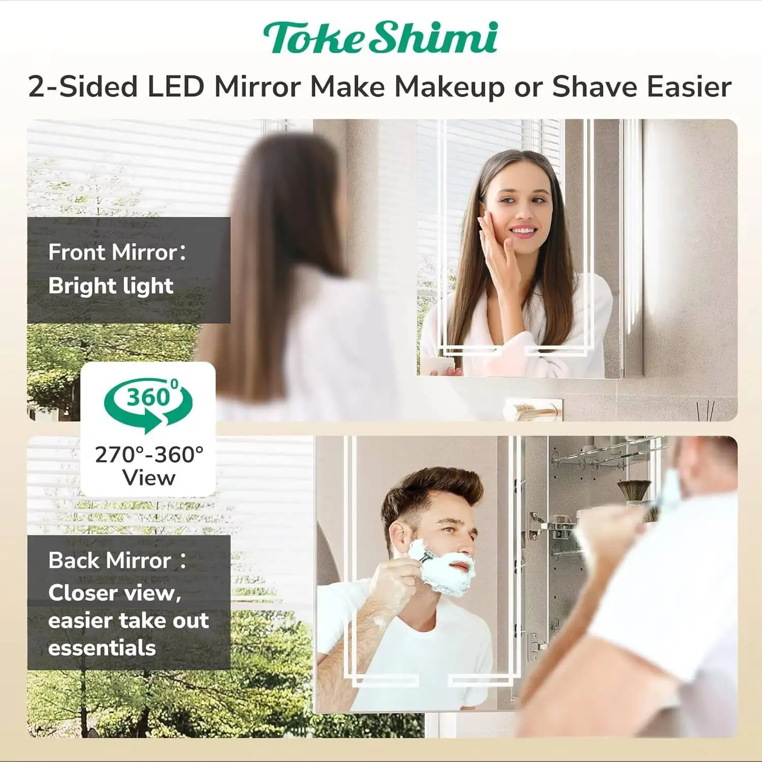 خزانة طبية بمرآة 36 × 30 LED من TokeShimi مع إزالة الضباب، خزانة أدوية مضاءة بثلاثة ألوان، خافتة بدون خطوات، CRI