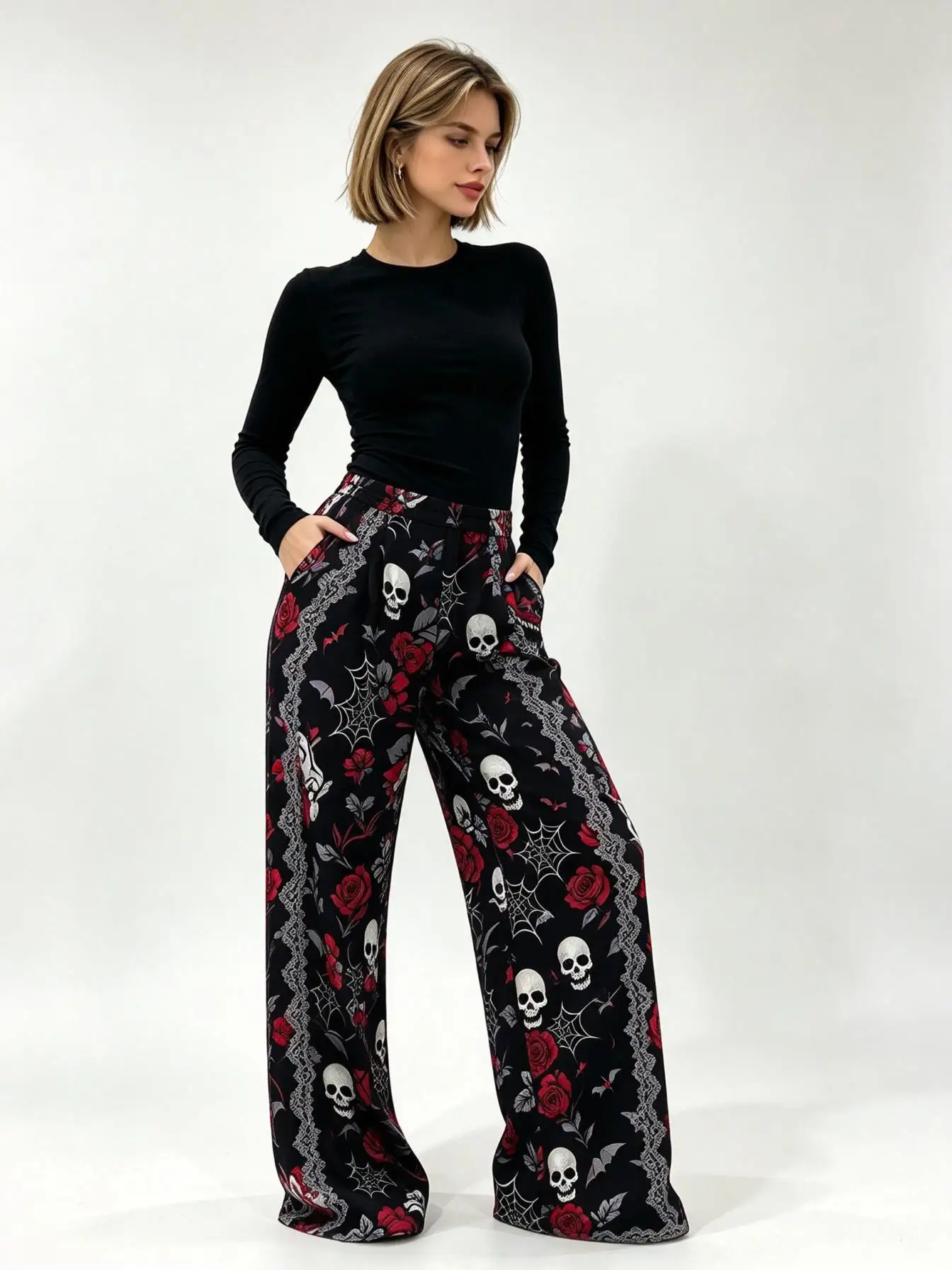 Women Dark Halloween Skull Rose Pattern Wide Leg Pants Loose Fashion Trousers