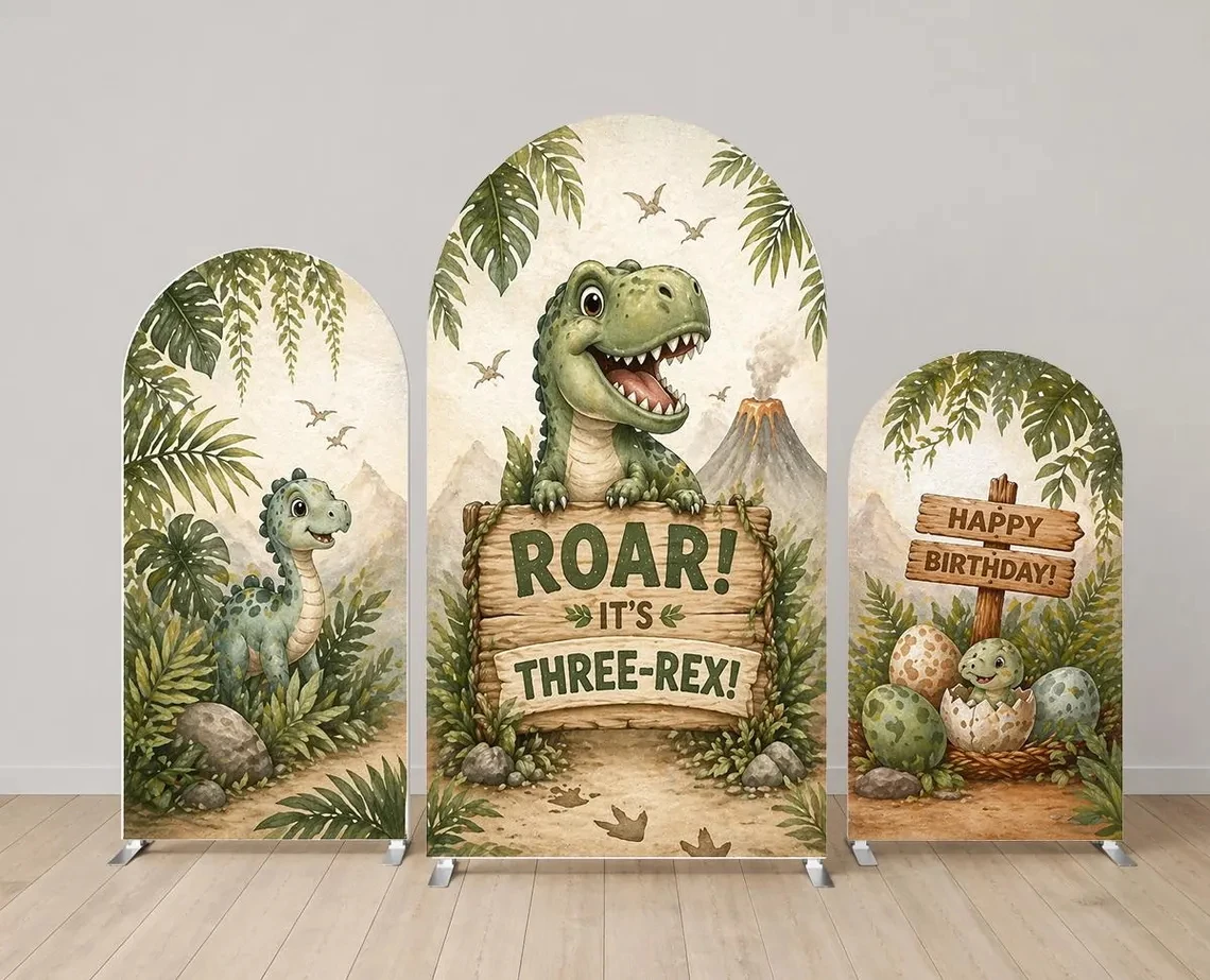 

2-sided Dinosaur Themed Cake Dessert Table Background Jungle Wild Roar Three Rex Birthday Backdrop Custom Age Chiara Arch Cover