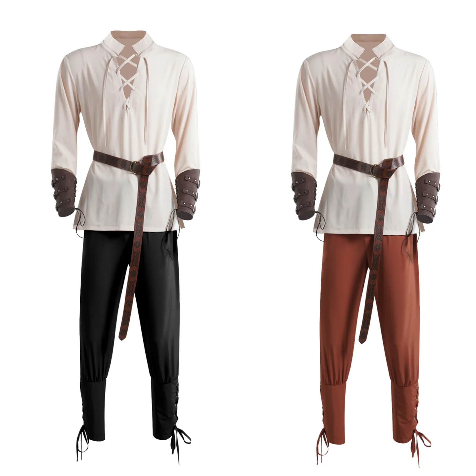 

4Pcs Men's Renaissance Costume Set Medieval Pirate Shirt Ankle Banded Pants Viking Belt Accessories for Halloween Party