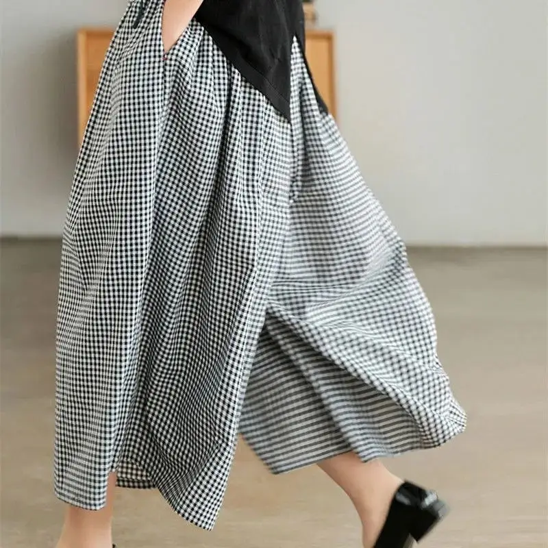 Vintage Plaid Loose Wide Leg Pants Summer New Elastic Waist All-match Casual Straight Pants Fashion Harajuku Women Clothing