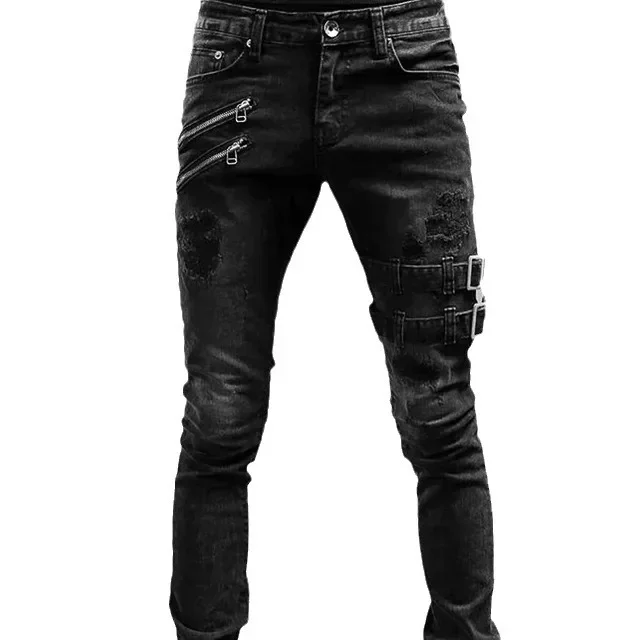 Men Holes Distressed Jeans Pencil Pants Mid Waist Slim Fit Zippers Denim Ankle Length Trousers 2025 Casual Streetwear Denims