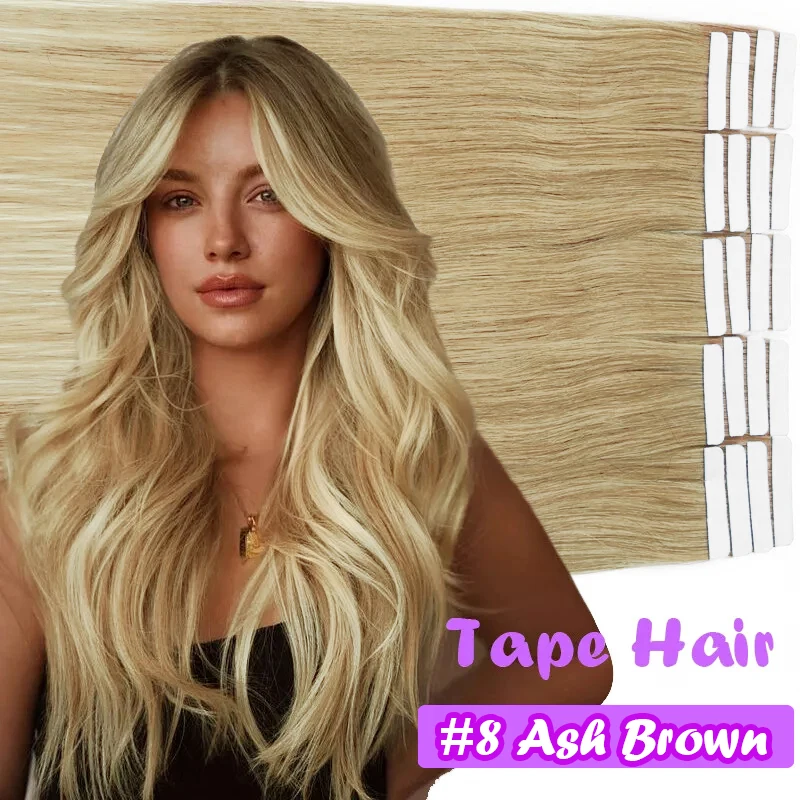 Tape In Extensions Zijdeachtig Steil Haar #8 Asbruine Kleur 100% Echt Menselijk Haar Naadloze Haarextensies 20 40 Stuks Voor Vrouwen