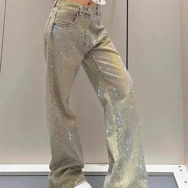 

Spice Girl Design Sense Full Diamond Jeans Women's Spring and Autumn New Personality Gypsy Straight Pants
