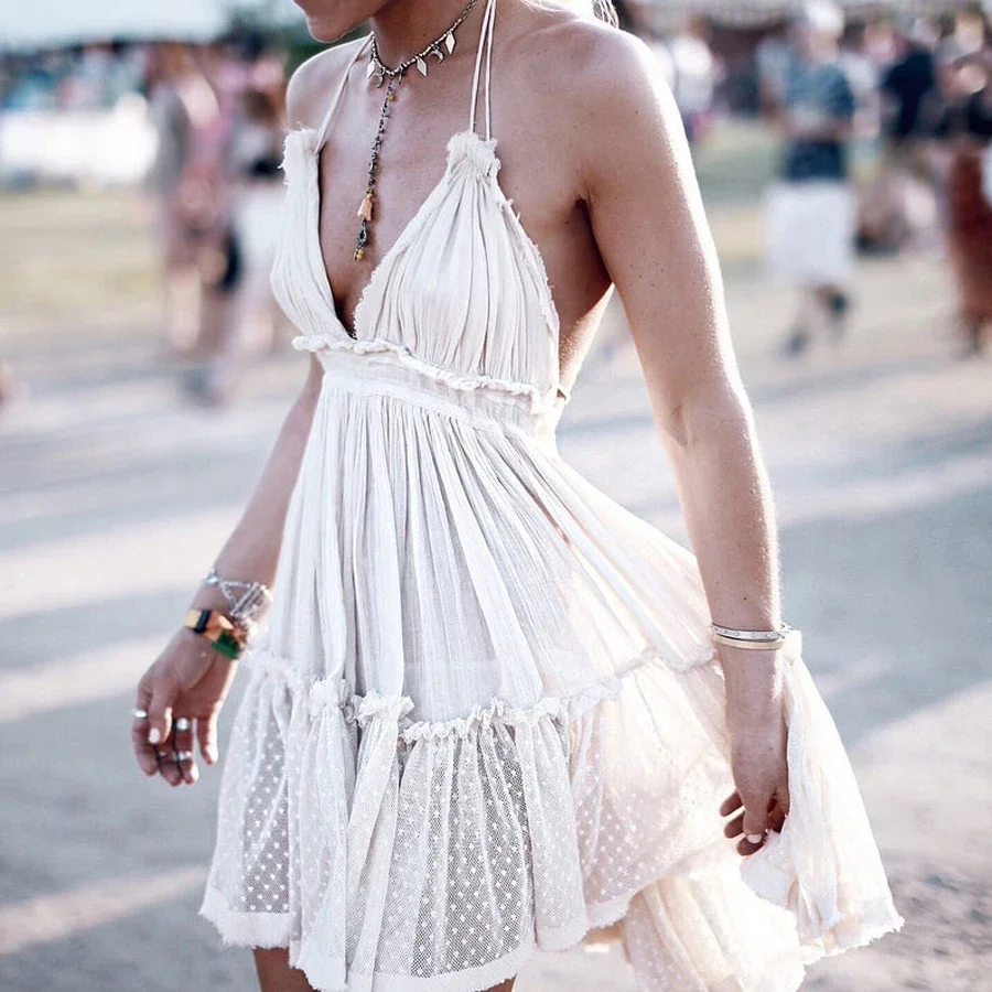 집시 여름 스트랩 원피스 섹시한 백리스 딥 브이넥 민소매 스트랩, 보호 드레스, 비치 스타일 미니 여성 드레스, 로브