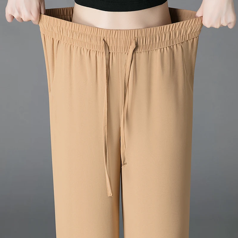 Summer New Versatile Ice Silk Narrow Edition Wide Leg Pants Women'S High Waist Skinny Comfortable Casual Straight Leg Trousers