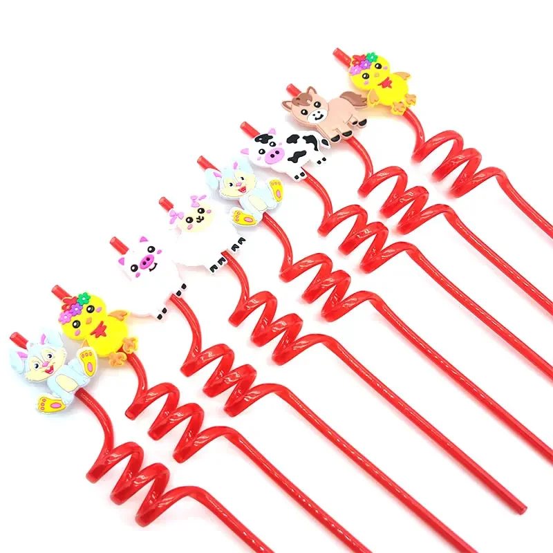 8pcs 26cm Reusable Farm Animal Straws Farm Cartoon Cow Theme Kids Birthday Party Decoration Plastic Spiral Drinking Straw