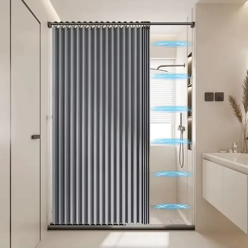 【Fashionable】Foldable Magnetic Shower Curtain Waterproof Bathroom Curtain With 14 Hooks Modern Style Bath Curtain For Home Decor view 2