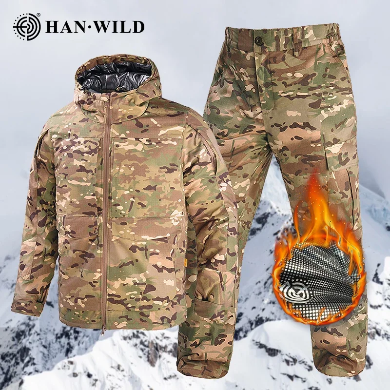 

Winter Outdoor Hunting Set Camo Thick Warm Heat Reflection Jacket Climb Pants Men Clothing Tactical Uniform Suits Windbreaker