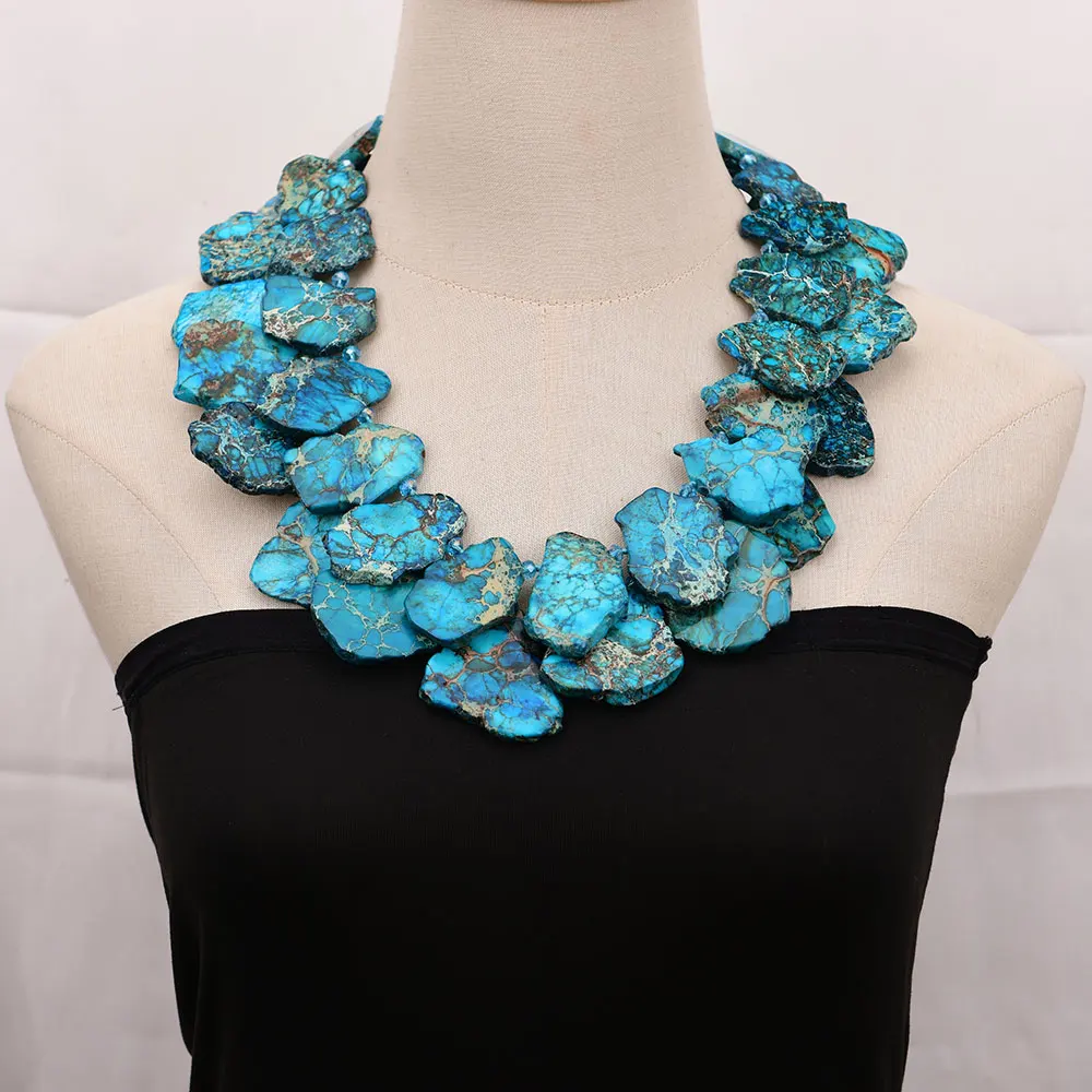 G-G 22\'\' 2 Rows Mix Color Blue Sea Sediment Imperial Jasper Crystal Necklace Handmade For Women