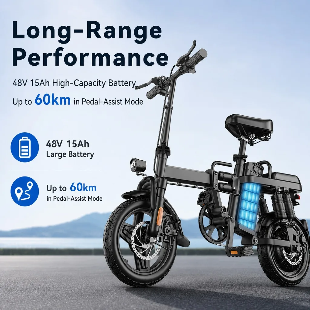 14" Folding Electric Bike 500W Motor 48V 15Ah Battery - 43km/h Top Speed & 60km Long Range, Dual Disc Brakes, 150kg Max Load, Portable Lightweight E-Bicycle with Basket & Fenders for Adult Commuting image 6