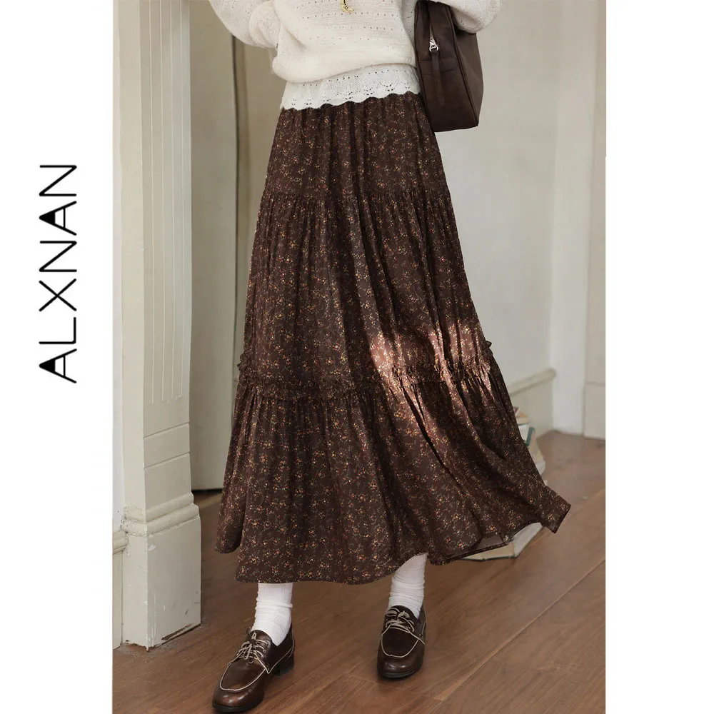 ALXNAN French Vintage Coffee Midi Skirt Autumn New Floral A-line Women's Long Skirt 2026 Elegant High Waist Clothing L679210A