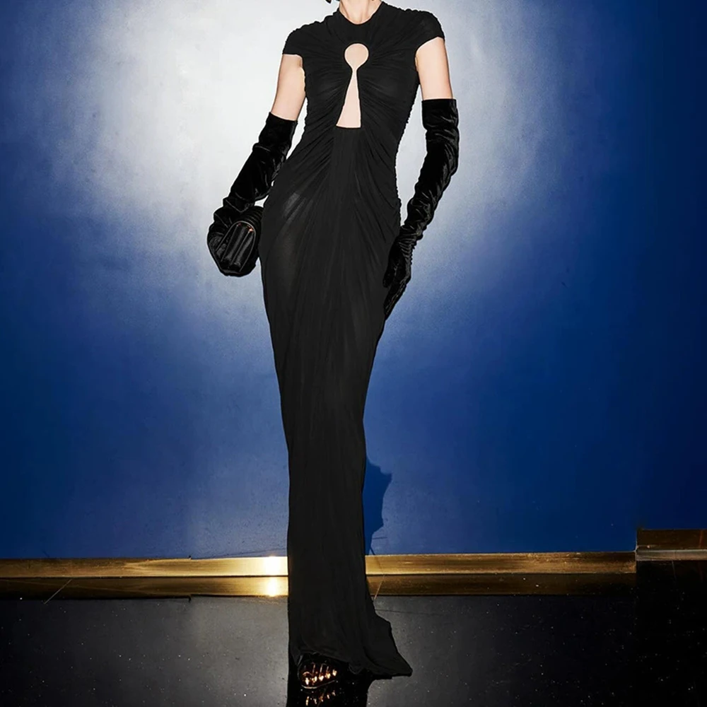 

New black long skirt mesh hollow dress evening dress retro European and American women's slim dress-GZXX359