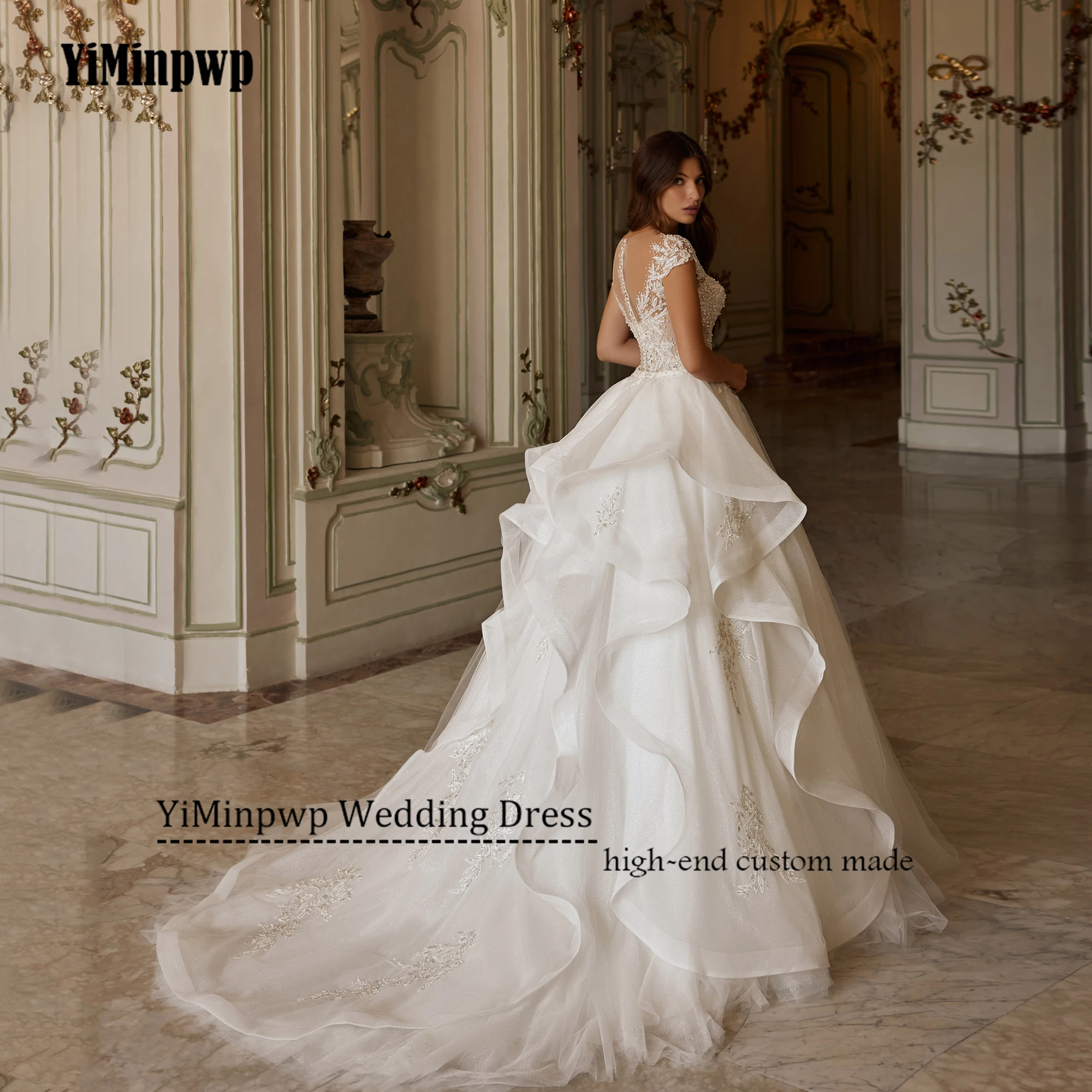 Sweetheart Shiny Wedding Dresses for Bride Lace Appliques Beadings Button Back A-Line Glitter Tulle Short Sleeve Customised