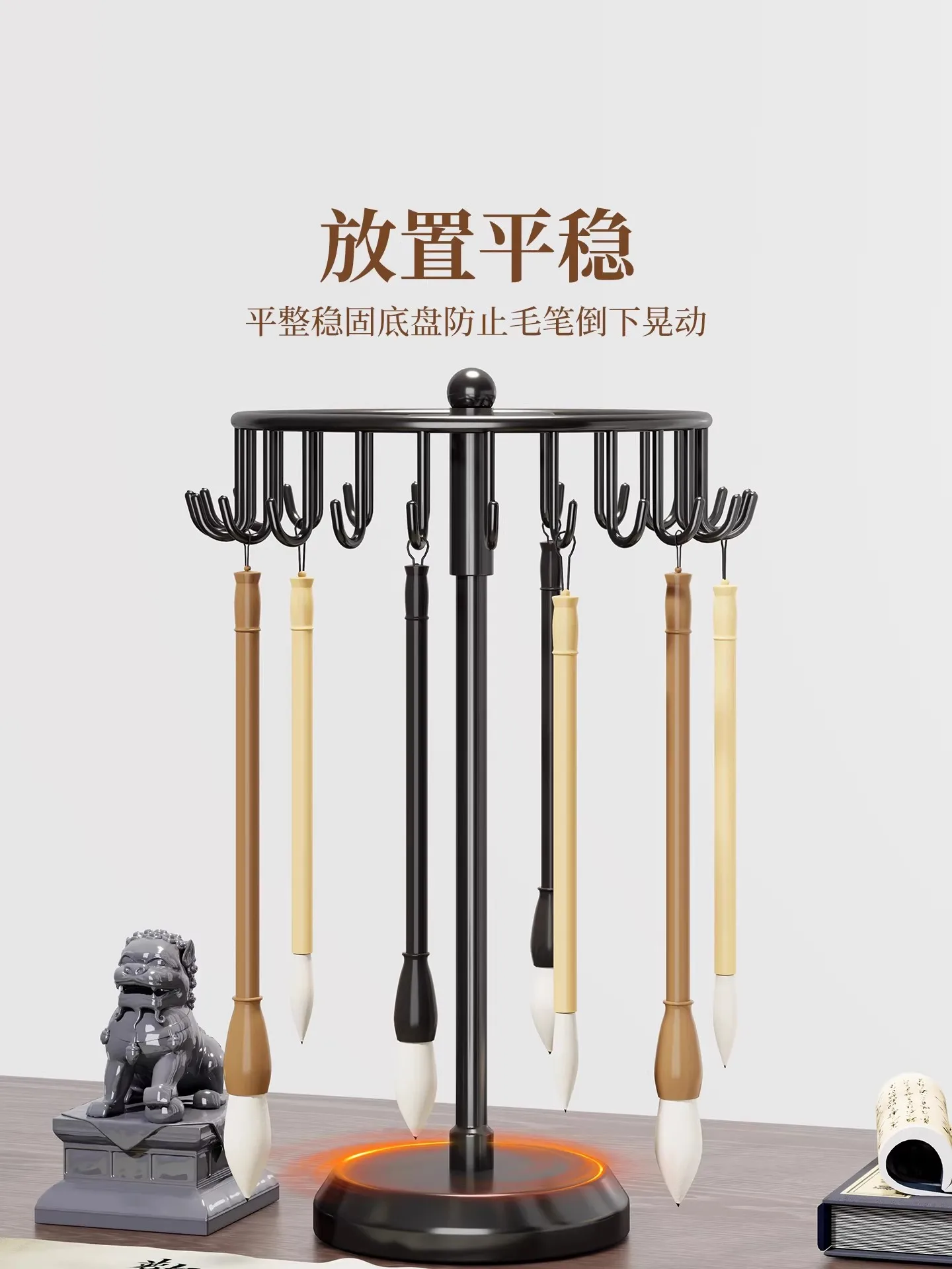 23-hooks-rotating-calligraphy-brush-holder-vintage-iron-brush-stand-rack-360°-swivel-multi-slot-pen-display