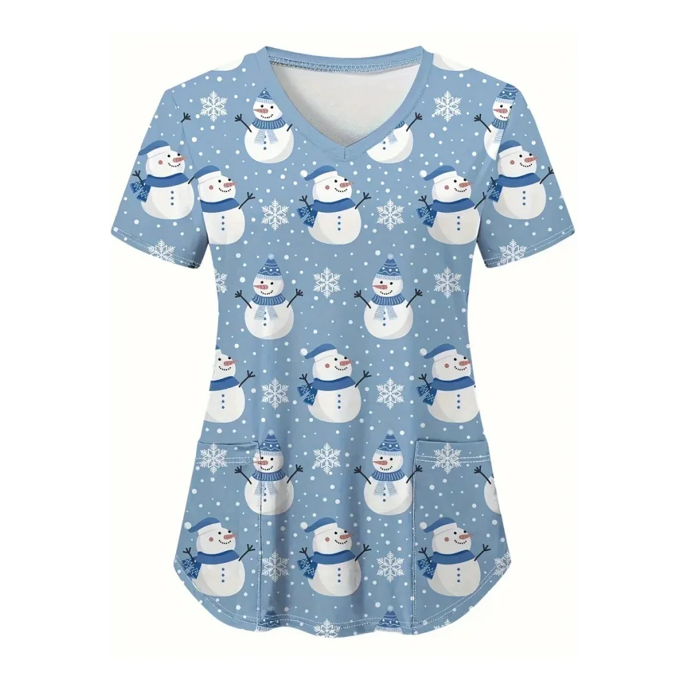 Uniformes cirúrgicos mulher natal boneco de neve impressão enfermeira topos verão moda com decote em v com bolsos manga curta mulher uniforme médico