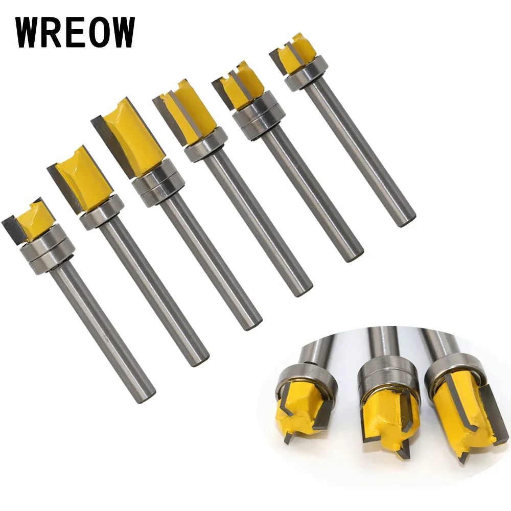 1pc 6mm round Shank Bearing Straight Flush Trim Router Bit 3Flute Top Tungsten bit trim Tenon Woodworking Milling Cutter Tool