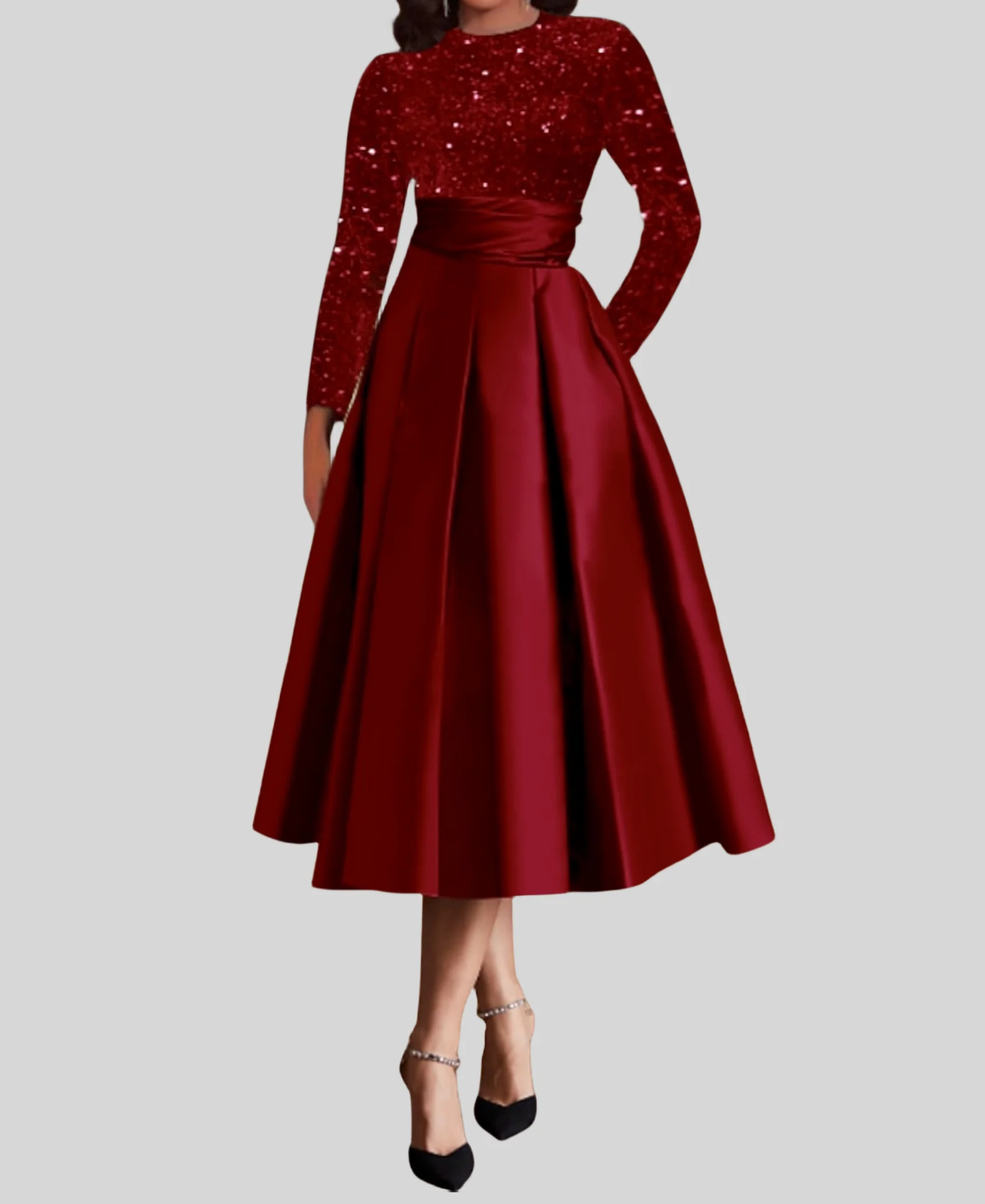 

A-Line Cocktail Dresses Elegant Dress Wedding Guest Tea Length Long Sleeve Jewel Neck Satin with Pleats Sequin 2024