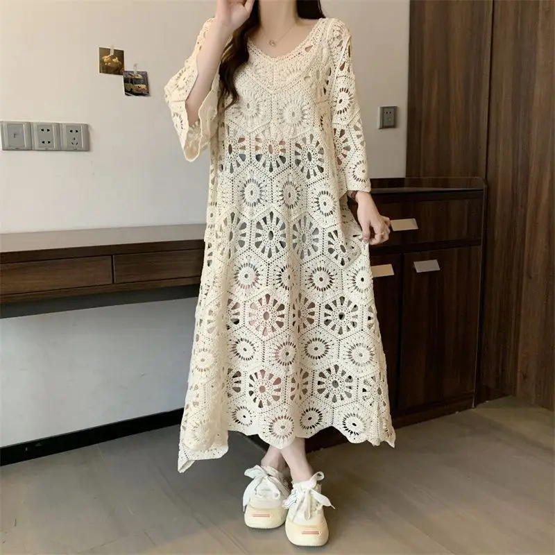 Knitwear Cape/Top/Outfit Korean Clothing 2025 Summer Women Long Knitted Dress Sleeve Basic Lace Dresses Casual Loose Boho Beach