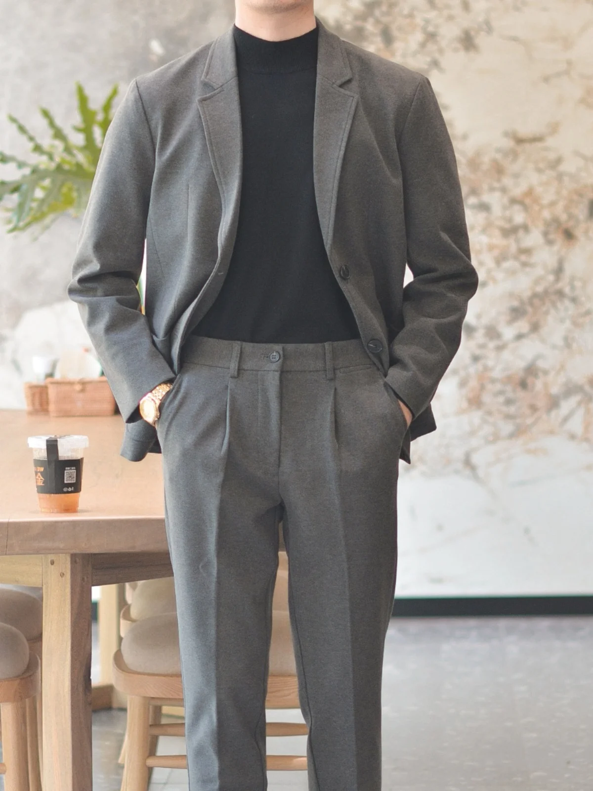 

Men's Woolen Suit Set Casual Thiened Two-Button Autumn Winter Faion Briti Sle Two-Piece Suit Stand Fit Youth ular