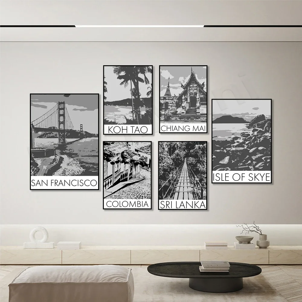 Black and white travel posters for San Francisco, Madrid, Isle of Skye Scotland, Portland Oregon, Koh Tao Sri Lanka, Thailand