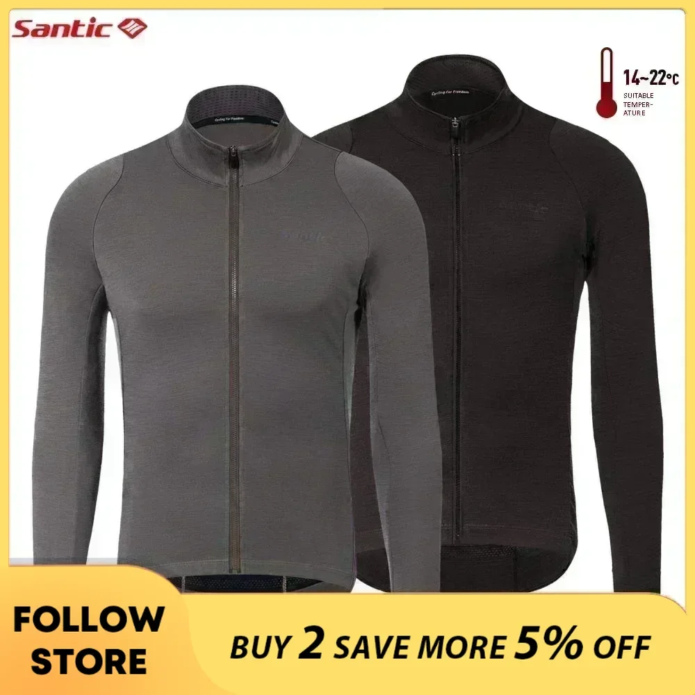 Santic Cycling Jersey Men's Spring Autumn Anti-sweat Quality Wool Bicycle Jackets Multi-pockets Outdoor MTB Road Riding Clothing