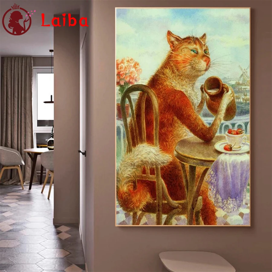 

Diamond Painting Modern art, cat drinking Cross Stitch Diamond Mosaic Picture Of Rhinestone Embroidery crystal Beaded Handicraft