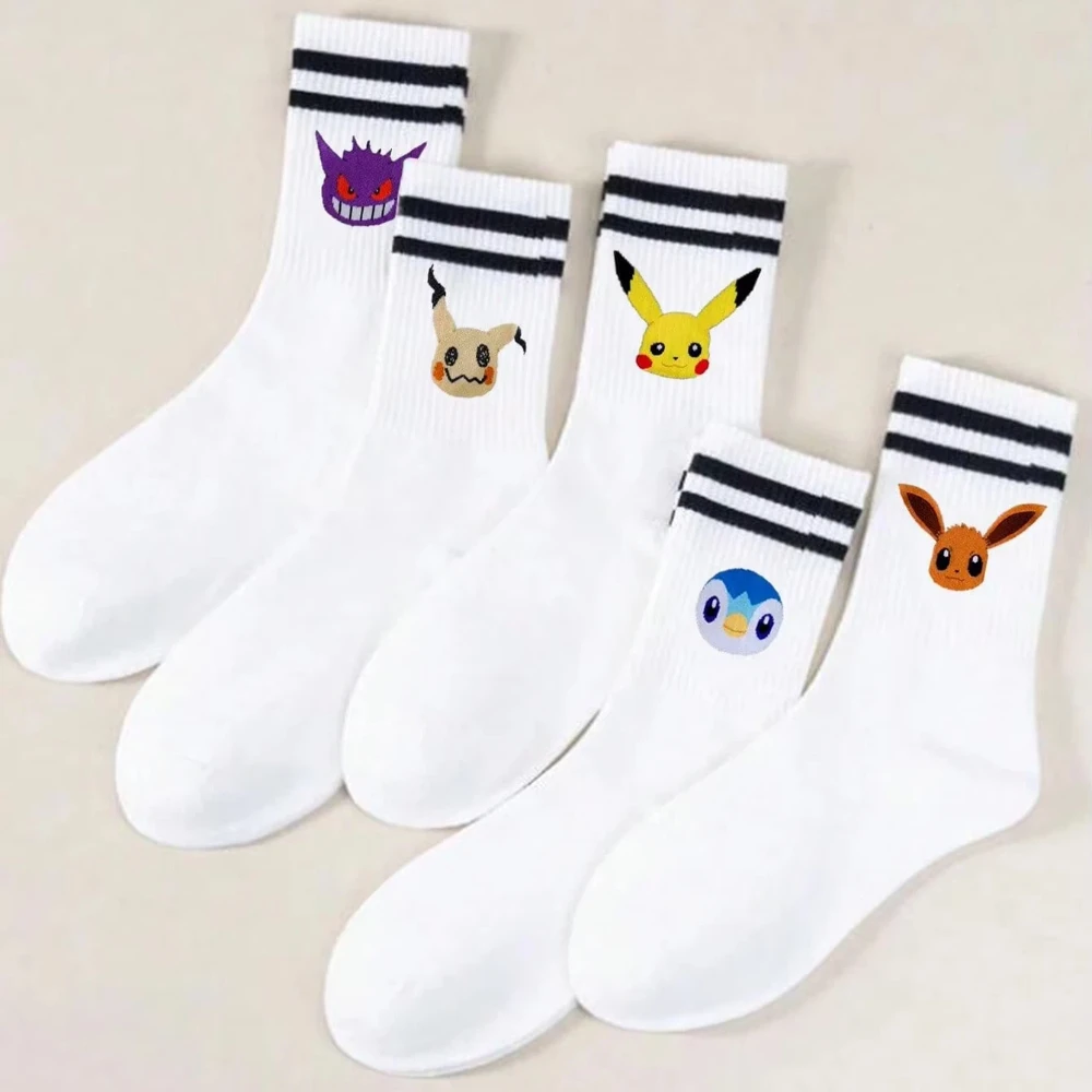 5 Paar neue weiße, doppelt gestreifte Socken mit niedlichem Taschenmonster-Charakter-Aufdruck, atmungsaktive Baumwolle, lässige Damen-Rundhalssocken – Detail 2