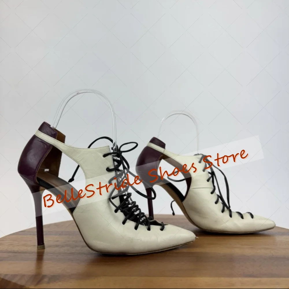 

White Pointed Toe Lace up Sandals Matte Leather Women Shoes Thin High Heels Fashionable Dinner Party 2025 Zapatos Para Mujeres