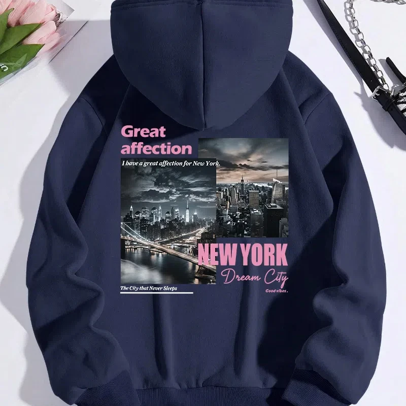 New York Dream City Printed Hoodies Casual Fashion Women Pullover Fleece Warm Pocket Sweatshirt Sporty Oversize Street Clothes