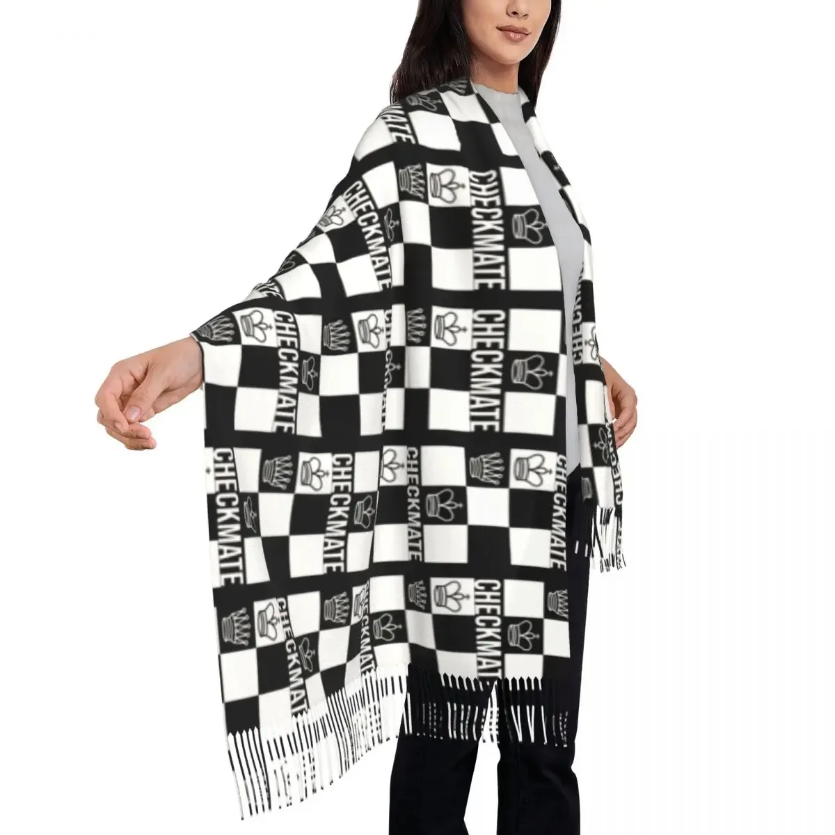 Female Long Checkmate Chess Board Scarves Women Winter Thick Warm Tassel Shawl Wraps Game Chessboard Scarf