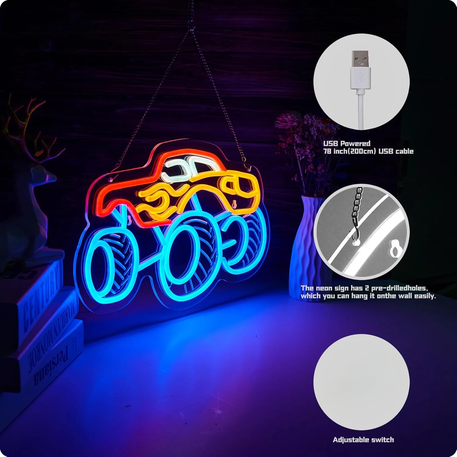 علامة نيون Monster Truck USB ضوء نيون قابل للتعتيم لعيد الميلاد للأطفال والأولاد وغرفة اللعب ديكور نيون فني هدية عيد ميلاد #3