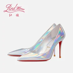 2024 New Red Bottom Pointed High Heels Women's Fine Heels Colorful Laser Silver Sexy Party Shallow Mouth Banquet Single Shoes