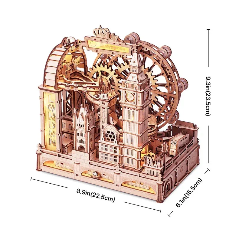 3D Wooden Puzzle Marble Run Building Kit London City Model with Lights Mechanical Landmark Puzzle Adults Teens